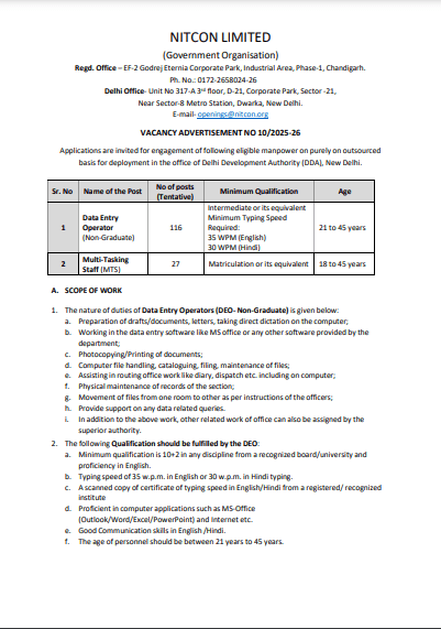 NITCON MTS & DEO Recruitment 2025