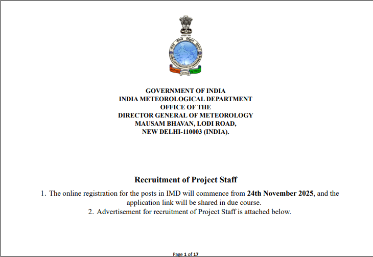 IMD Project Staff Recruitment 2025