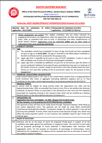 RRC SER Apprentice Vacancy 2025