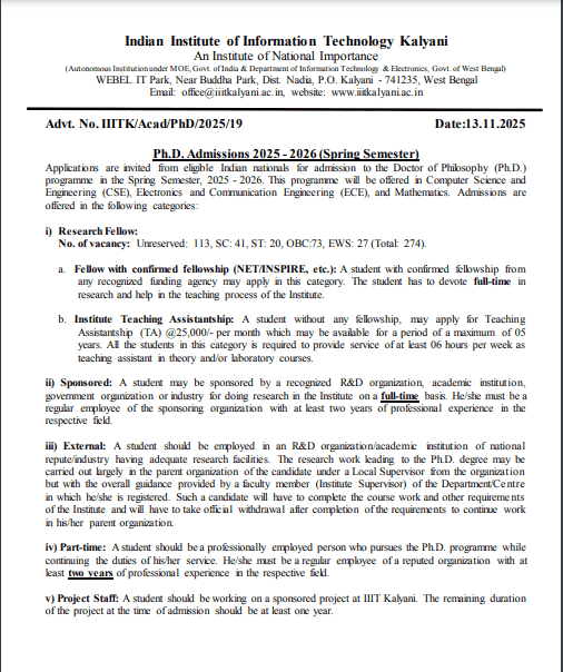 IIIT Kalyani PhD Admission 2025-26