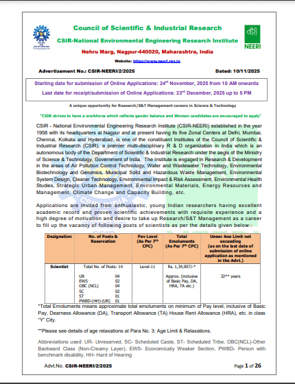 CSIR NEERI Scientist Vacancy 2025