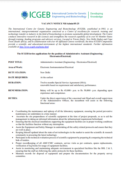 ICGEB Administrative Assistant Recruitment 2025