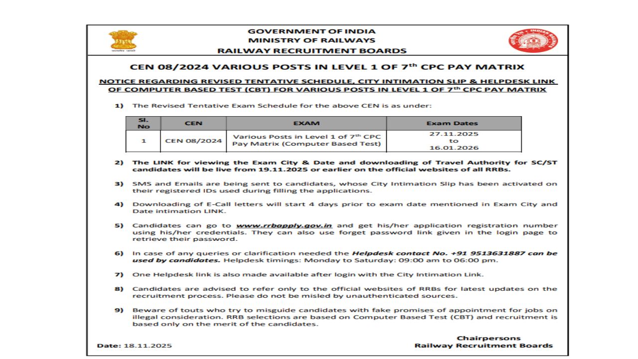 RRB Group D Exam City Intimation Slip और E-Call Letter 2025