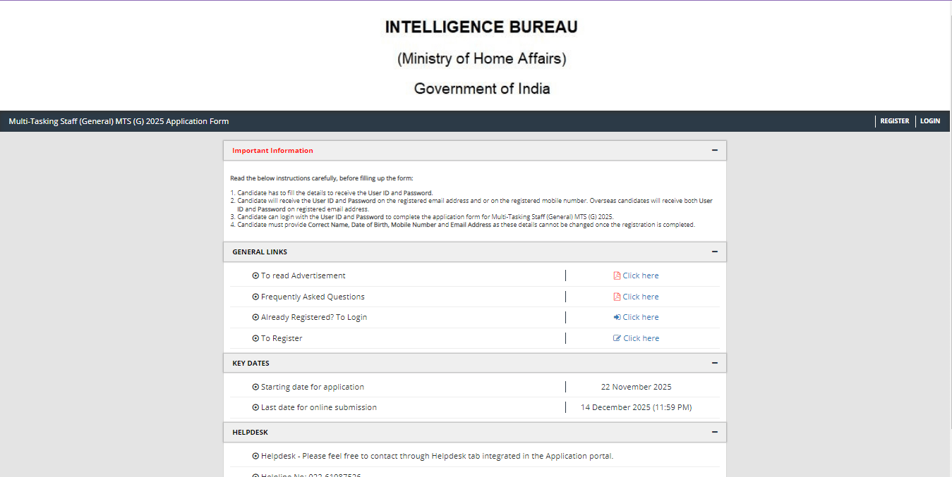 Intelligence Bureau IB MTS Vacancy 2025