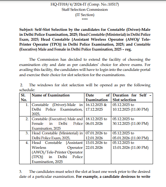 SSC Delhi Police Exam City Slot Selection 2025