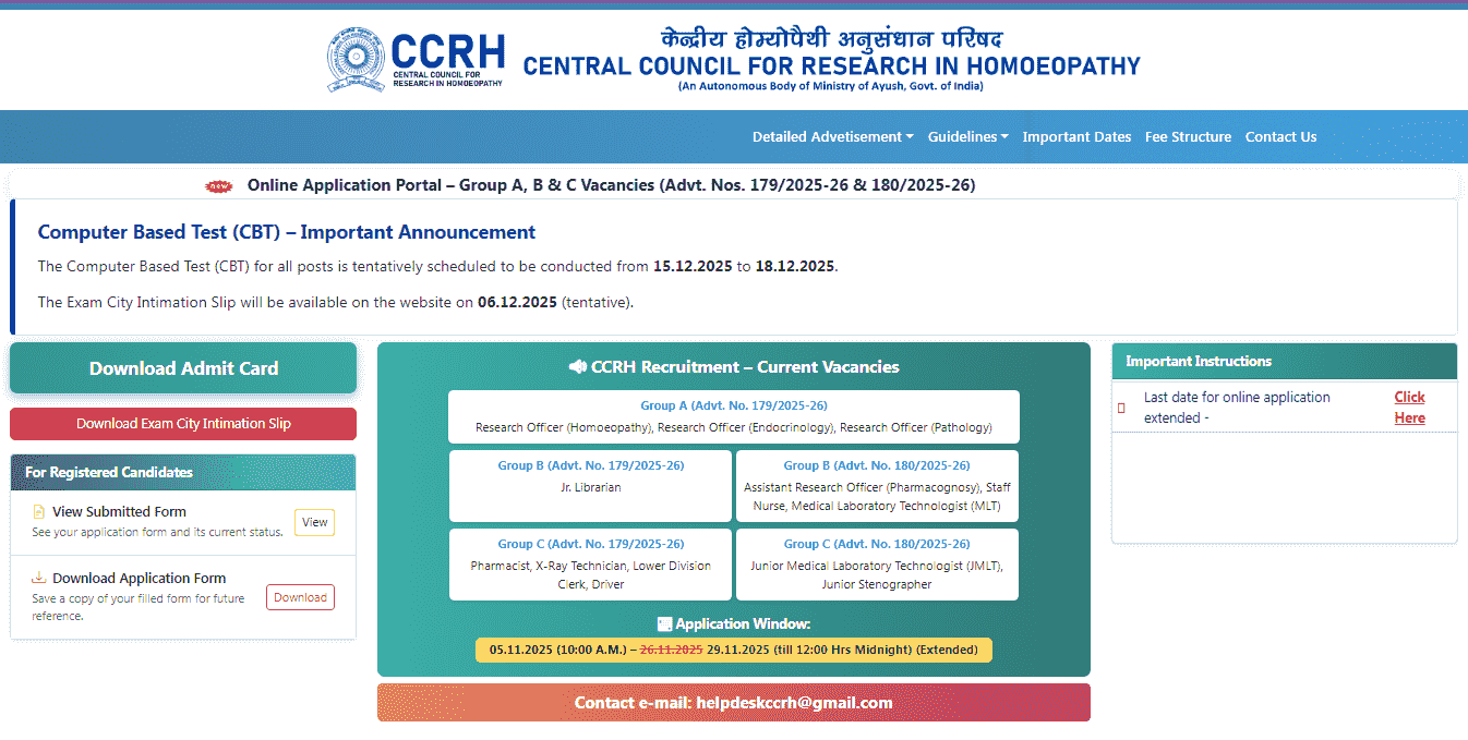 CCRH Group A, B & C Admit Card 2025