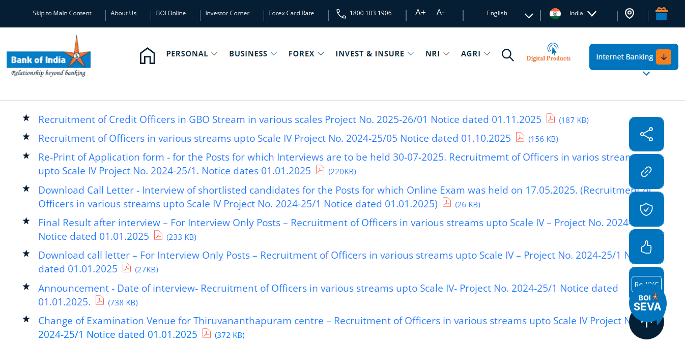 BOI Bank of India Credit Officer Vacancy 2026