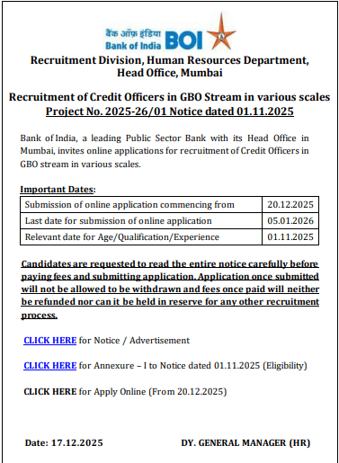 BOI Bank of India Credit Officer Vacancy 2026