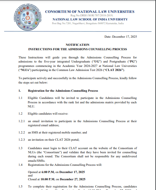 CLAT 2026 Counselling Schedule