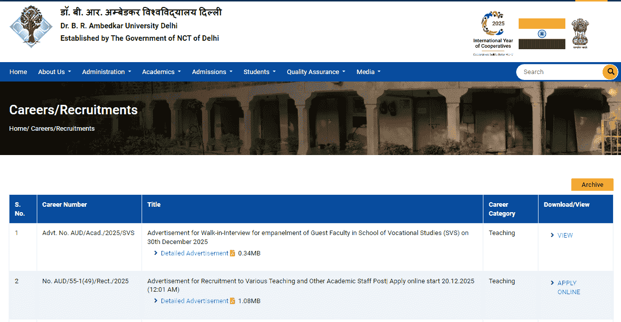 Ambedkar University Delhi Vacancy 2025