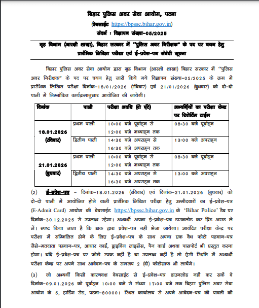 Bihar Daroga ( SI ) Admit Card 2025