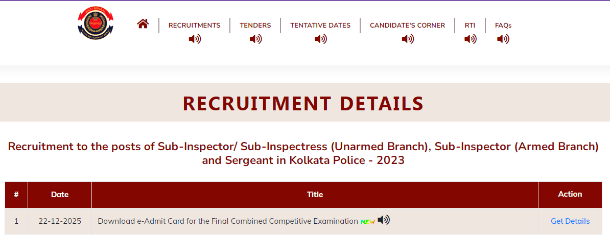 WBPRB Sub Inspector (SI) Admit Card 2025