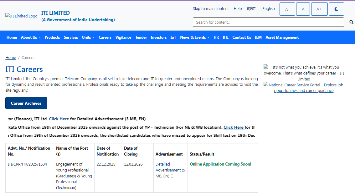 ITI Limited Young Professional Vacancy 2025-26