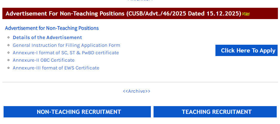CUSB Non Teaching Vacancy 2026