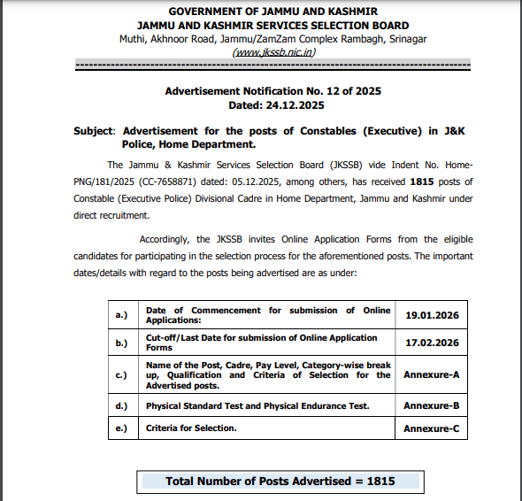 JKSSB Constables Recruitment 2026