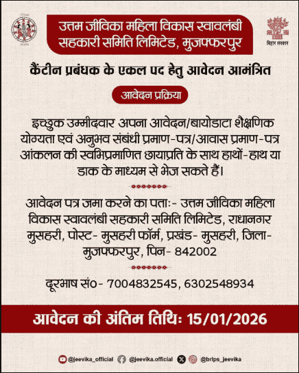 Bihar Jeevika Canteen Manager Recruitment 2026