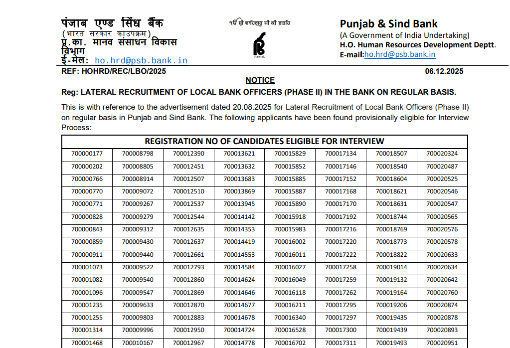 How to Check Punjab and Sind Bank LBO Result 2025