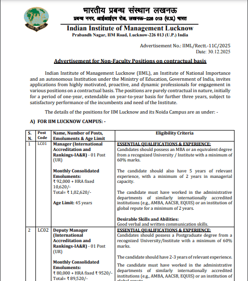 IIM Lucknow Recruitment 2026