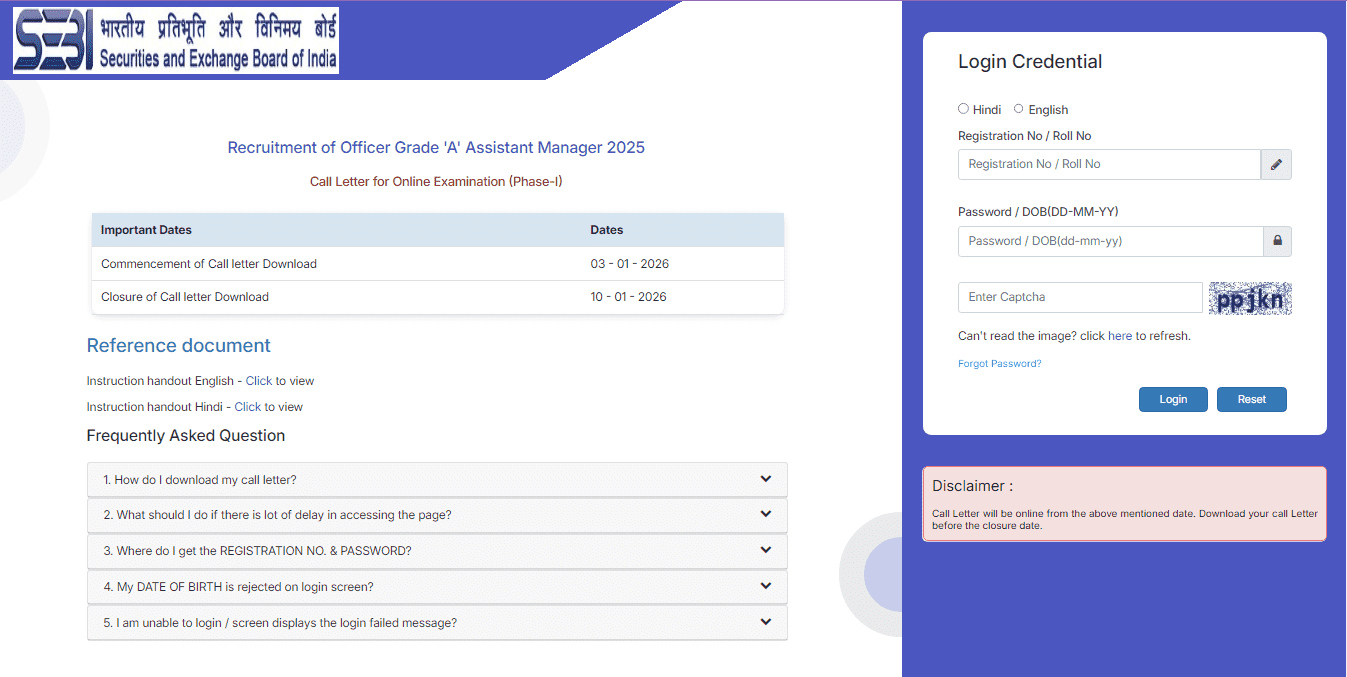SEBI Grade A Admit Card 2026