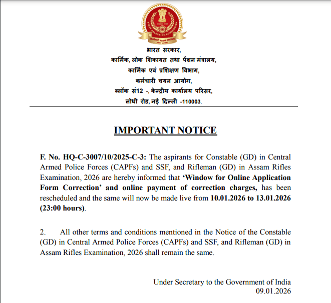 SSC GD Constable Application Correction Window 2026