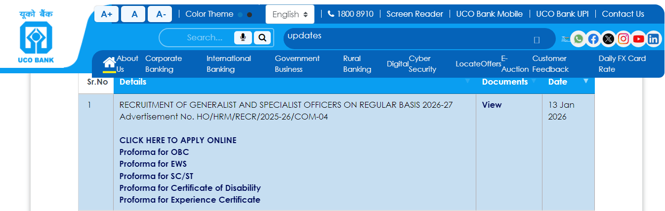 UCO Bank Generalist And Specialist Recruitment 2026