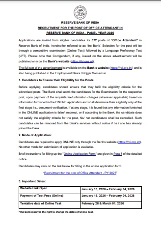 RBI Office Attendant Recruitment 2026