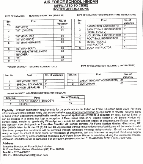 Airforce School Recruitment 2026
