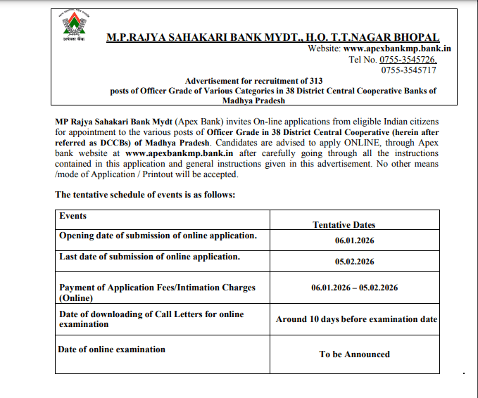 MP Apex Bank Officer Grade Recruitment 2026