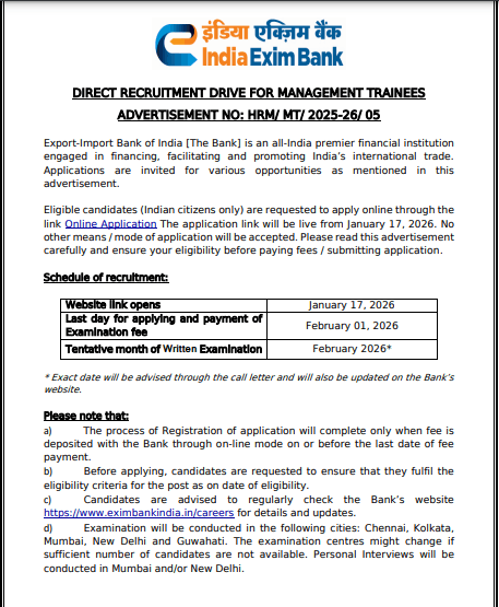 India Exim Bank MT Recruitment 2026