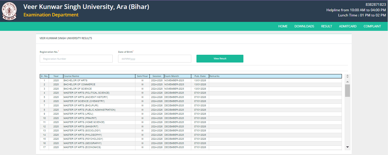 VKSU Semester 3 Result 2024-28