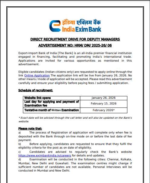 India Exim Bank Deputy Manager Recruitment 2026