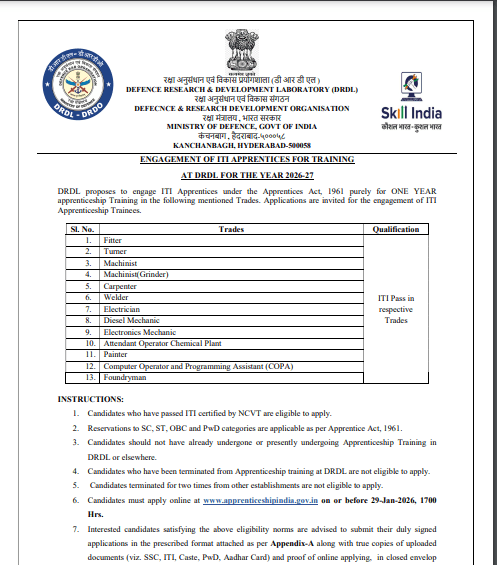 DRDO DRDL ITI Apprentices Recruitment 2026