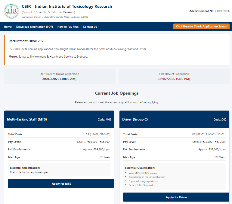CSIR IITR MTS And Driver Recruitment 2026