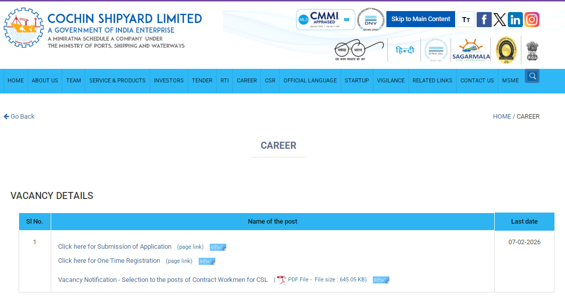 CSL Workmen Recruitment 2026