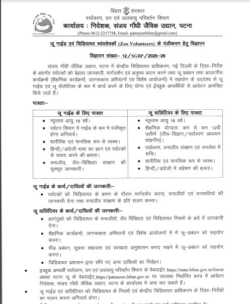 Patna Zoo Volunteers Vacancy 2026