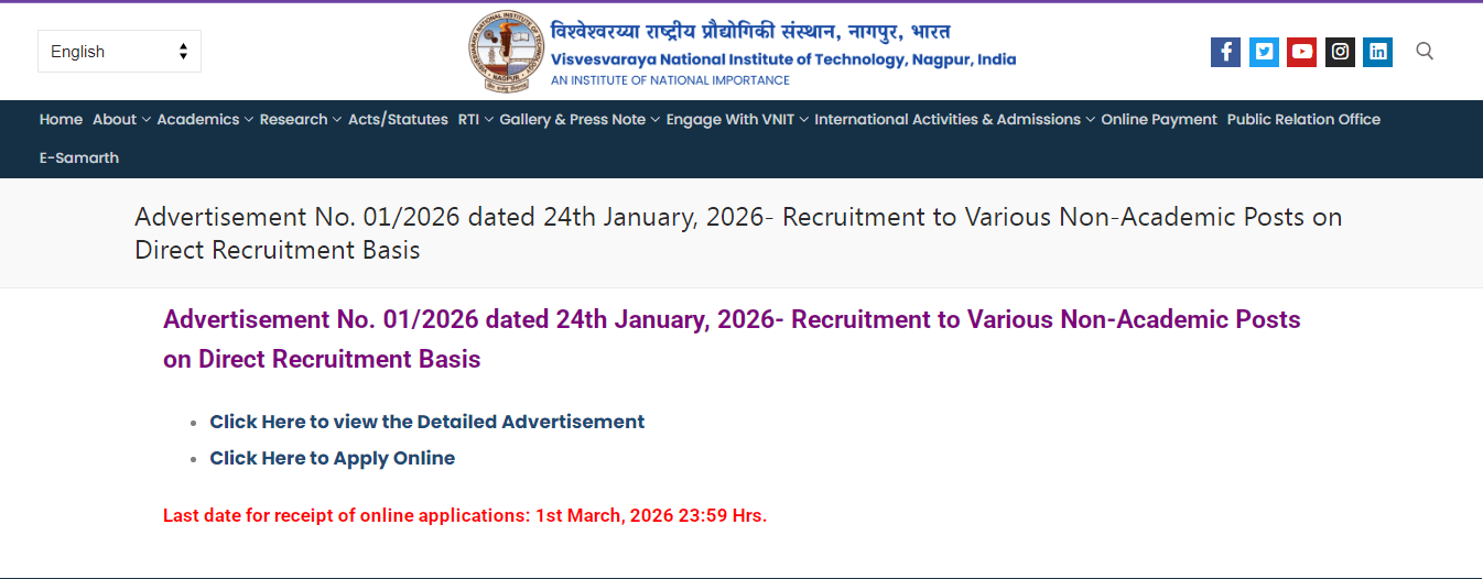 VNIT Non Teaching Recruitment 2026