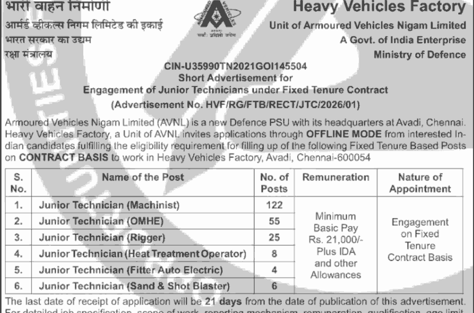 HVF Avadi Junior Technician Recruitment 2026