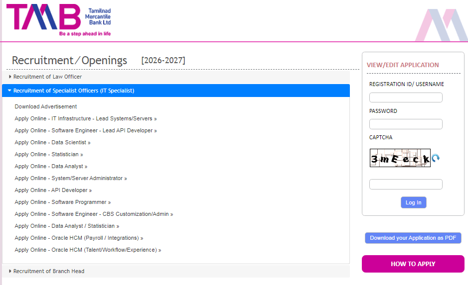 TMB Specialist Officer SO Online Form 2026