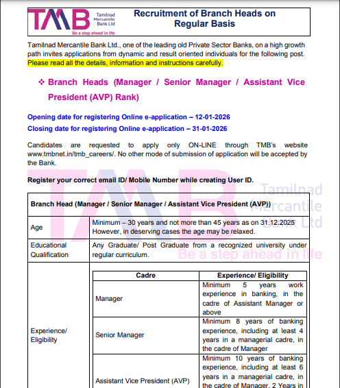 TMB Branch Head Online Form 2026