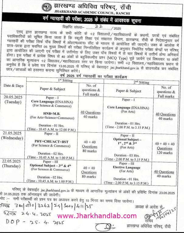 JAC Class 11th Exam Date 2025