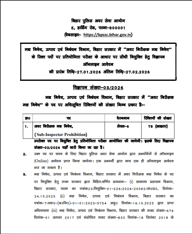 Bihar Police SI Prohibition Recruitment 2026