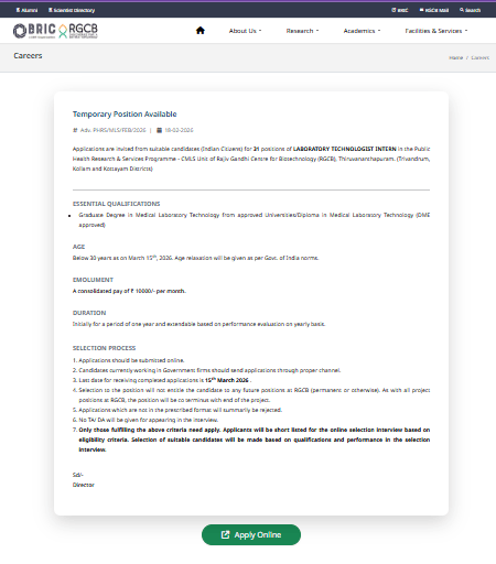 RGCB Laboratory Technologist Intern Vacancy 2026