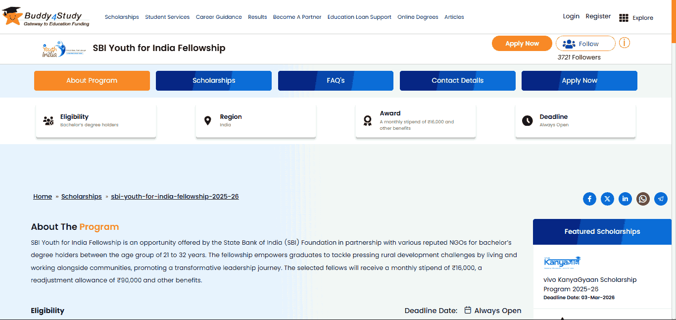 SBI Youth For India Fellowship Online Apply 2026