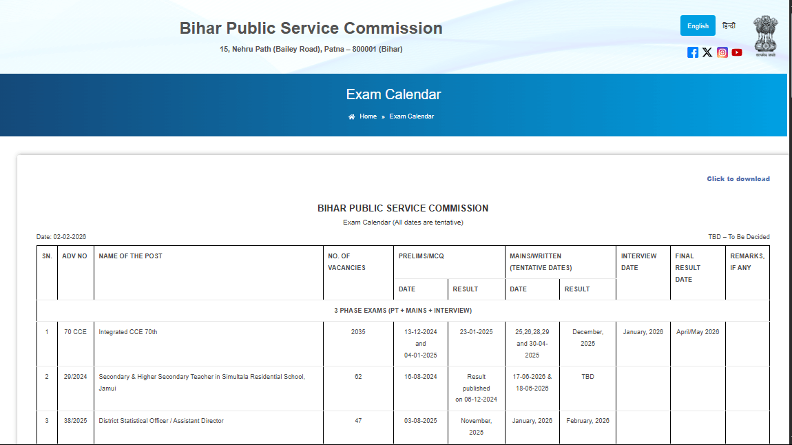 Bihar BPSC Exam Calendar 2026