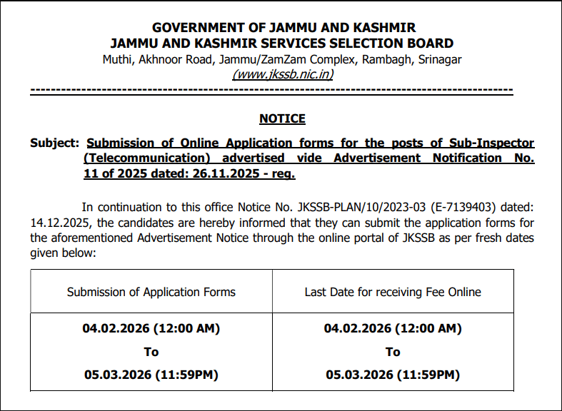 JKSSB Sub Inspector SI Online Form 2026