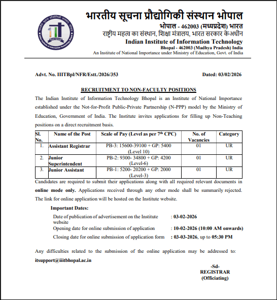 IIIT Bhopal Non Teaching Recruitment 2026