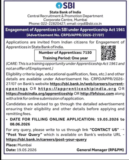 SBI Apprentice Recruitment 2026
