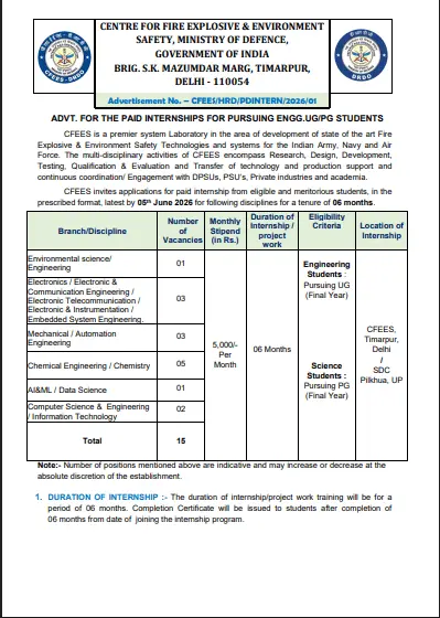 DRDO CFEES Paid Internship 2026