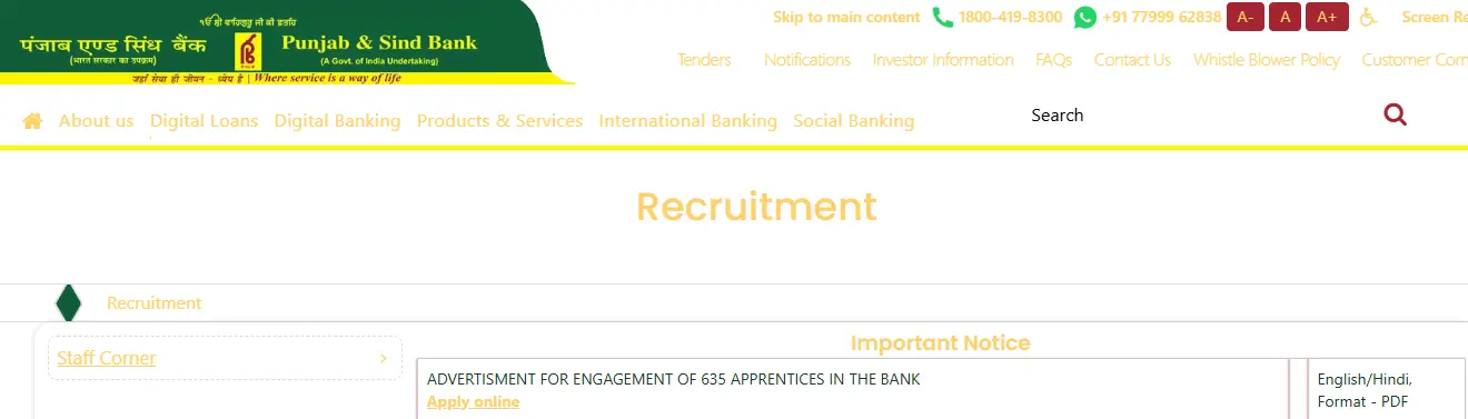 Punjab & Sind Bank Apprentice Recruitment 2026