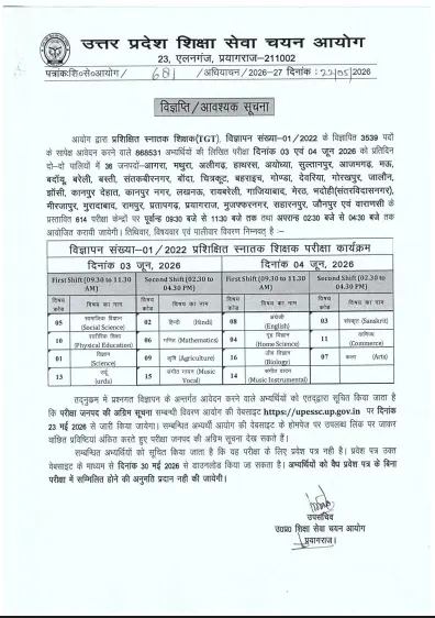 UPSESSB UP TGT Admit Card 2026